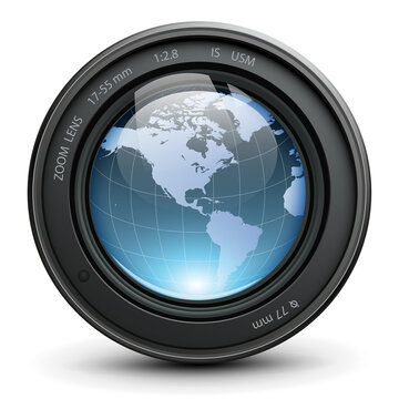 Camera photo lens with earth globe inside.