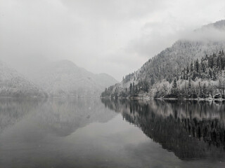 Natural black & white. Winter on the Ritsa lake, Georgia