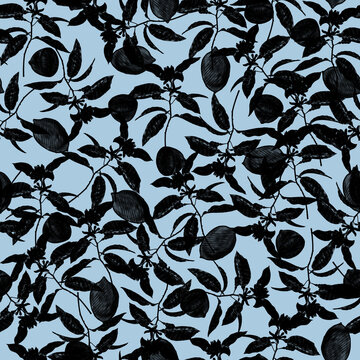Tropical seamless pattern with black lemons. Fruit repeated background. Endless ornament for wrapping paper, wallpaper, fashion, textile, fabric