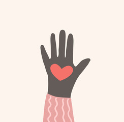 Raised hands volunteering. Charity partnership concept. Multiracial hands with hearts reaching up