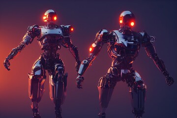 Fototapeta premium Cyborg 3D illustration with dramatic futuristic lighting in an action position Poster design with copy space 