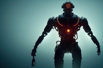 Fototapeta premium Cyborg 3D illustration with dramatic futuristic lighting in an action position Poster design with copy space 