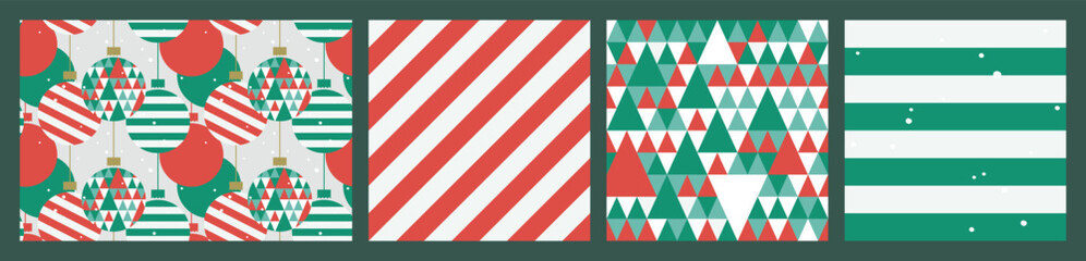 Christmas and New Year festive design Set with seamless pattern  made of triangle Christmas trees, balls, snow and stripes in green, red, white colors. Winter Xmas holiday decoration.