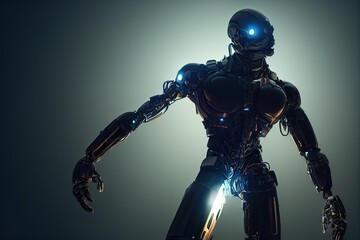 Fototapeta premium Cyborg 3D illustration with dramatic futuristic lighting in an action position Poster design with copy space 