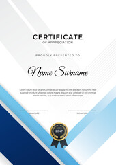 Certificate of achievement blue template design with gold badge and border for business, award, honor and school