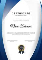 Certificate of achievement blue template design with gold badge and border for business, award, honor and school