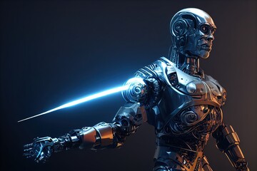 Cyborg 3D illustration with dramatic futuristic lighting in an action position Poster design with copy space 
