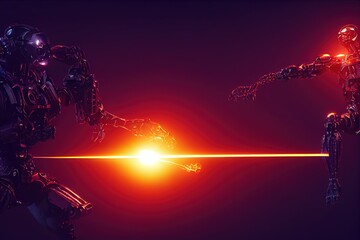 Cyborg 3D illustration with dramatic futuristic lighting in an action position Poster design with copy space 
