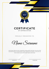Certificate of achievement blue template design with gold badge and border for business, award, honor and school
