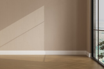 Realistic 3D render of room, beautiful sunlight and window frame shadow on beige blank wall, white skirting board in an empty room. New wooden parquet floor. Background, Interior. Front view.