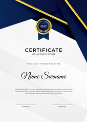 Certificate of achievement blue template design with gold badge and border for business, award, honor and school