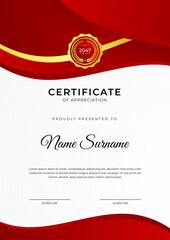 Certificate of achievement red template design with gold badge and border for business, award, honor and school