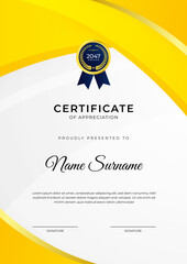 Certificate of achievement orange yellow template design with gold badge and border for business, award, honor and school