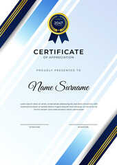 Certificate of achievement blue template design with gold badge and border for business, award, honor and school