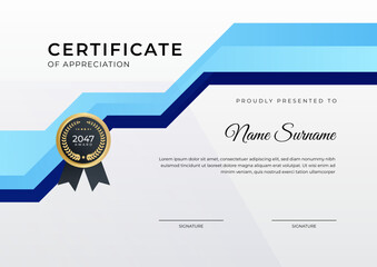 Certificate of achievement blue template design with gold badge and border for business, award, honor and school