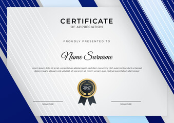 Certificate of achievement blue template design with gold badge and border for business, award, honor and school