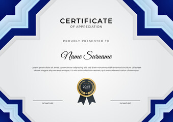 Certificate of achievement blue template design with gold badge and border for business, award, honor and school