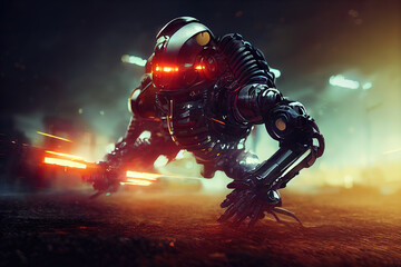 Obraz na płótnie Canvas Cyborg 3D illustration with dramatic futuristic lighting in an action position Poster design with copy space 