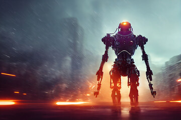 Fototapeta premium Cyborg 3D illustration with dramatic futuristic lighting in an action position Poster design with copy space 