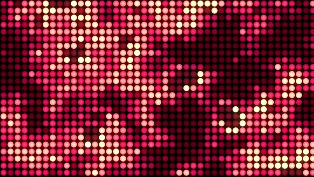 Abstract pulsating led dots on digital screen. Disco wall backdrop with flashing lights. Shiny led stage, concert lights, lamps. Glittering spangle curtain background for music shows.