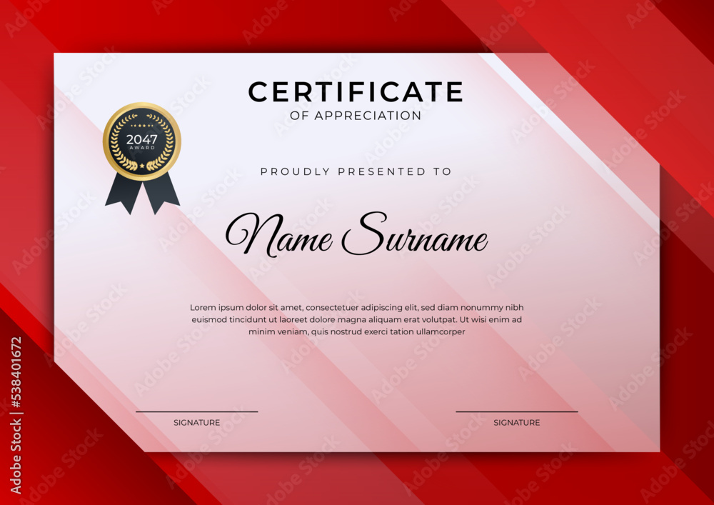 Wall mural certificate of achievement red template design with gold badge and border for business, award, honor