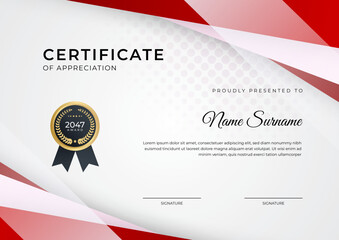 Certificate of achievement red template design with gold badge and border for business, award, honor and school