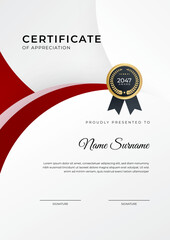 Certificate of achievement red template design with gold badge and border for business, award, honor and school