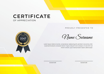 Certificate of achievement orange yellow template design with gold badge and border for business, award, honor and school