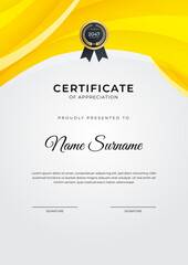 Certificate of achievement orange yellow template design with gold badge and border for business, award, honor and school