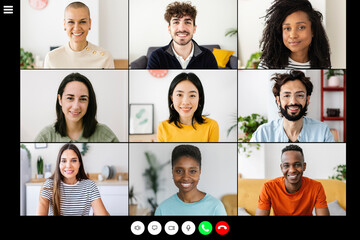 Laptop screen with diverse millennial young people having a video call - Group of multiracial...