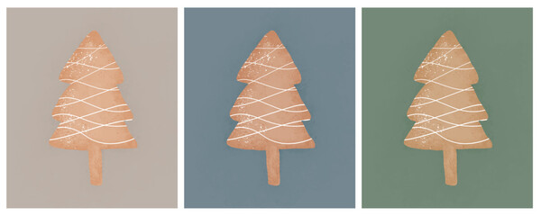 Set of 3 Christmas Vector Cards. Christmas tree-shaped Cake Isolated on a Warm Gray, Pale Blue and Dusty Green Background. Christmas Illustration in 3 Different Colors. No Text.