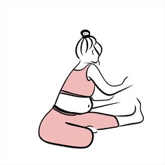 Obraz premium pregnant woman practices yoga. sport. bodypositive. pregnancy. Birth of a child. Young mom. Stretching. strengthening of the back muscles. kegel exercises.