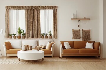 Scandinavian style living room with terracotta couch