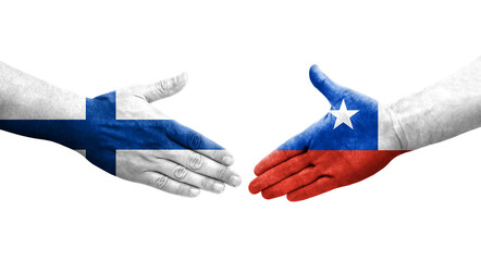 Handshake between Chile and Finland flags painted on hands, isolated transparent image.