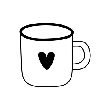 Line art cup of tea or coffee. Hand drawn doodle style design. Isolated vector illustration