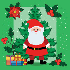 Collage of a modern festive pattern. Santa, Christmas tree and holly. Design for paper, cover, fabric, interior decor. Vector flyers, posters, business cards or for the Internet. Chat background, 