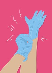 hands putting on blue doctor's gloves