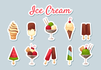 Vector collection of colorful ice cream stickers. Icecream sticker set on blue background. Printable template