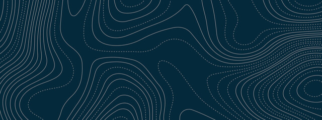 Navy blue wavy abstract topographic map contour, lines Pattern background. Topographic map and landscape terrain texture grid. Wavy banner and color geometric form. Vector illustration.