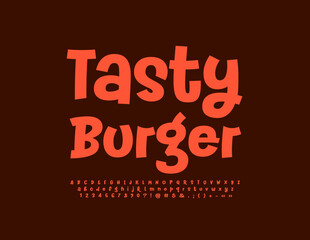 Vector funny emblem Tasty Burger with creative Font. Playful style Alphabet Letters, Numbers and Symbols