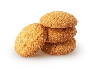 Stack of delicious oatmeal cookies with sesame seeds isolated on white backround with clipping path