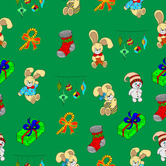 Seamless pattern with Christmas characters and decorations on a green background. Design of winter children's Christmas holidays for wallpaper, textiles and wrapping paper, vector texture hand-drawn