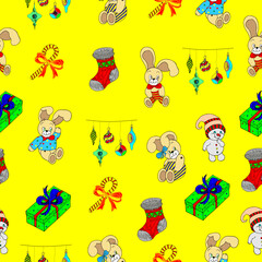 Seamless pattern with Christmas characters and decorations on a yellow background. Design of winter children's Christmas holidays for wallpaper, textiles and wrapping paper, vector texture, hand-drawn