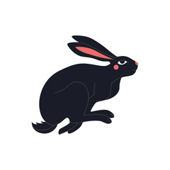 Abstract running black rabbit with red cheeks and eyes. Chinese New Year 2023 symbol. Easter bunny black silhouette, mystic hare, astrological, botanical, esoteric. Hand drawn vector illustration.