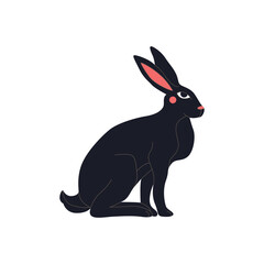 Obraz premium Abstract sitting black rabbit with red cheeks and eyes. Chinese New Year 2023 symbol. Easter bunny black silhouette, mystic hare, astrological, botanical, esoteric. Hand drawn vector illustration.