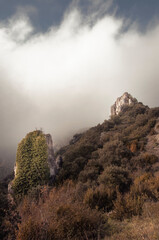 Two rocks stand out among vegetation in the mountains of Portilla - Zabalate, Alava, Basque Country.
