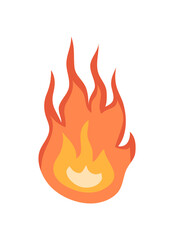 Orange fire flame icon. Symbol of bonfire, fire, danger warning. Design element, pictogram. Flat vector illustration isolated on white background