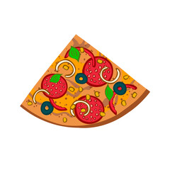 Appetizing slice of pizza with salami, olives, sweet pepper. Tasty food. Lunch menu at the pizzeria. Cartoon vector outline illustration isolated on white background. Top view