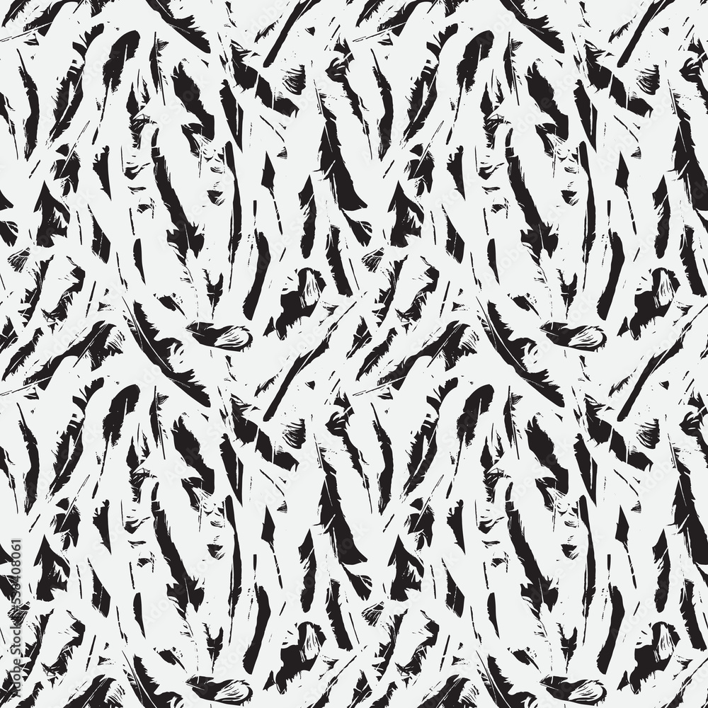 Poster abstract seamless pattern with chaotic scattered bird feathers. monochrome vector background with bl