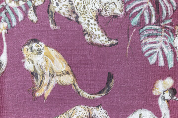 Wallcovering background texture with tropical leaves and animals